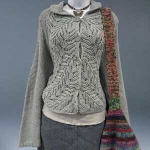 Cottagecore Grey Chunky Cable Knit Cardigan Sweater Boho Cozy Fits S